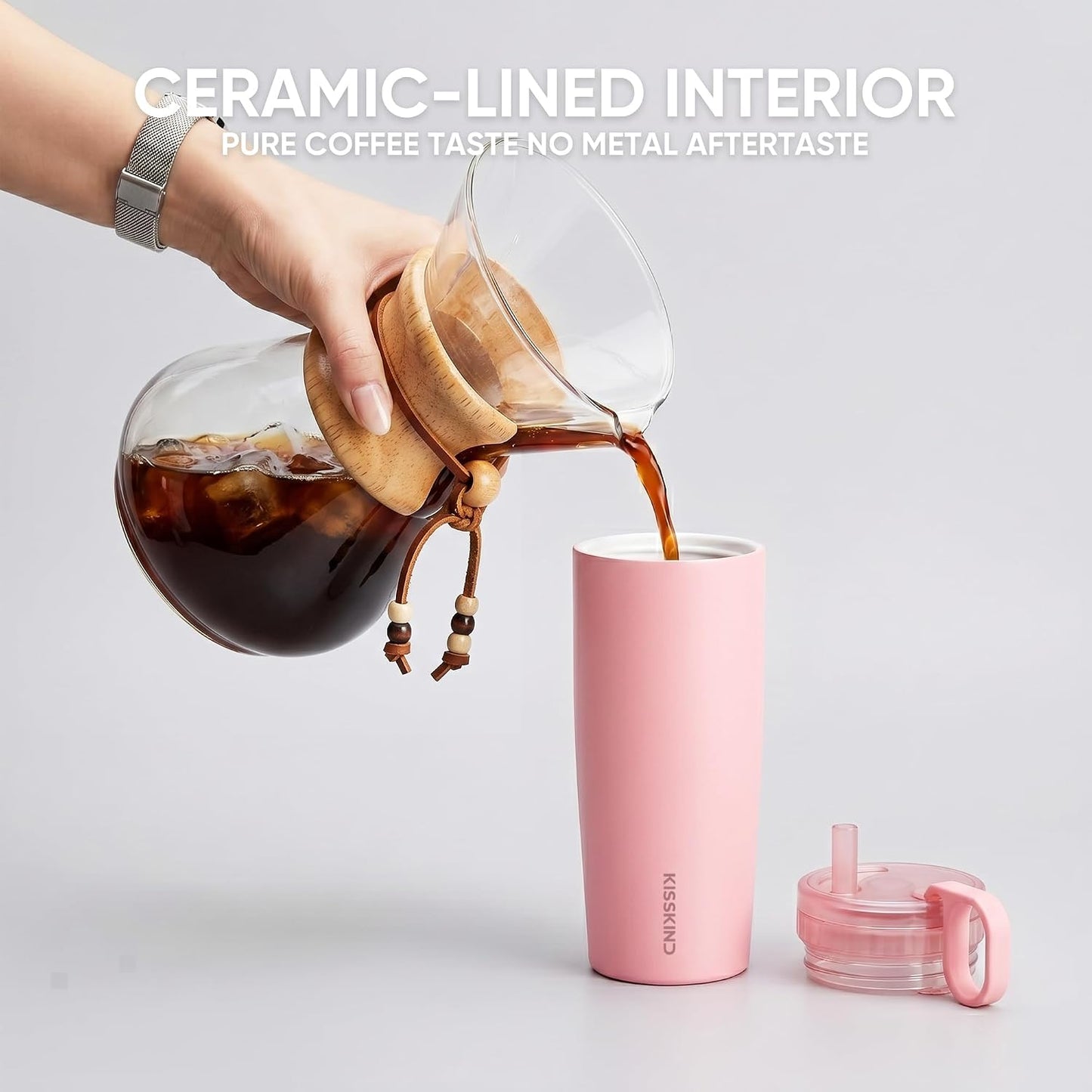 Leakproof Iced Coffee Tumbler 24 oz, Insulated Ceramic Lined Cup | Iced Coffee All Day, Leakproof, Ceramic-Lined Interior, Bag-Safe Commute, Work, Travel, Fits Cup Holders, Hidden Straw Lid