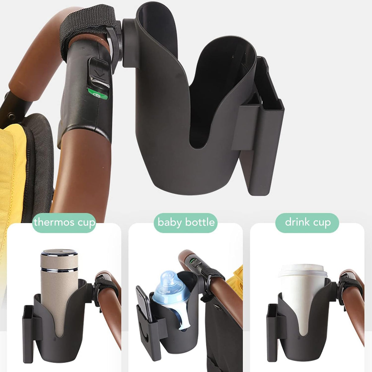Universal Stroller Cup Holder Adjustable Baby Carriage Bottle Holder with Phone Slot Silicone Gasket Plastic Organizer for Strollers and Shopping Carts