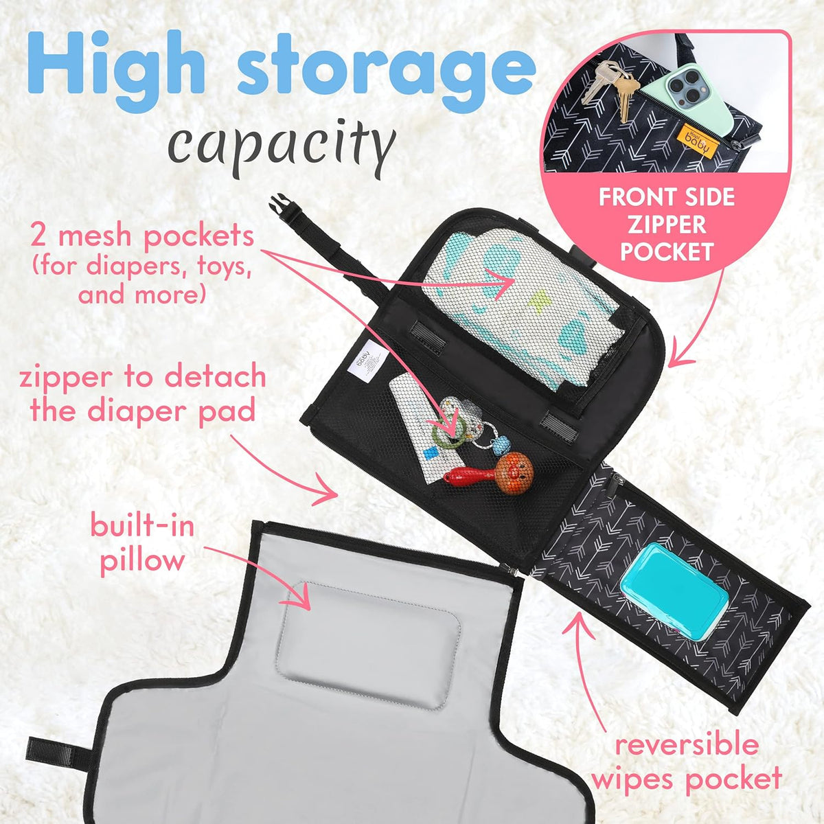 Portable Diaper Changing Pad, Wipes Pocket, Premium Grey Arrows