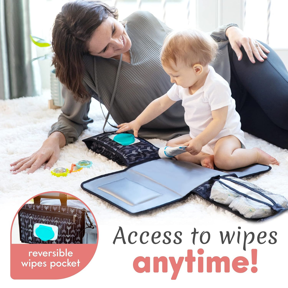 Portable Diaper Changing Pad, Wipes Pocket, Premium Grey Arrows