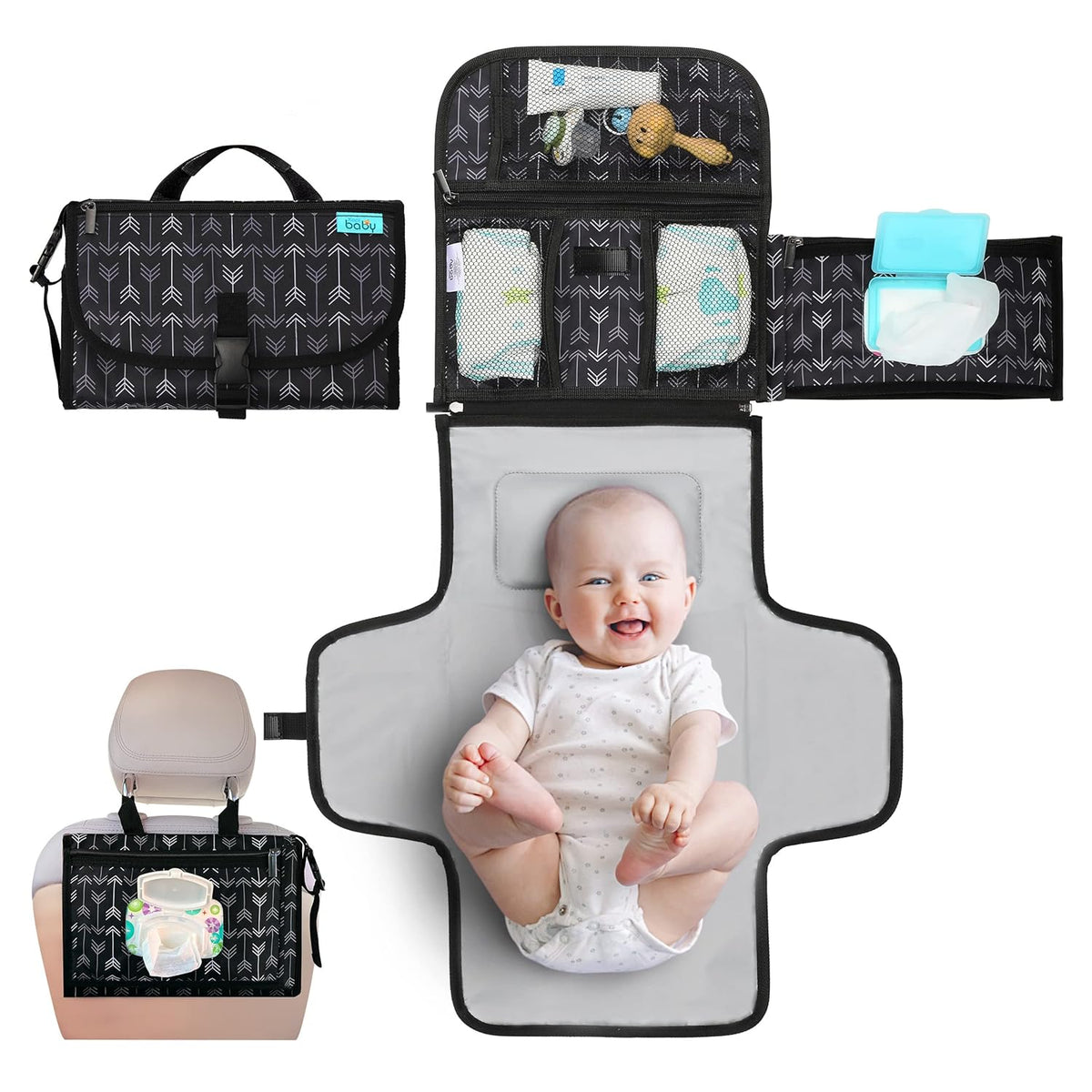 Portable Diaper Changing Pad, Wipes Pocket, Premium Grey Arrows