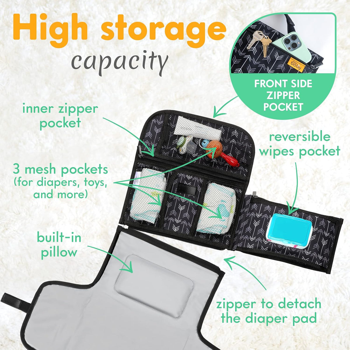 Portable Diaper Changing Pad, Wipes Pocket, Premium Grey Arrows