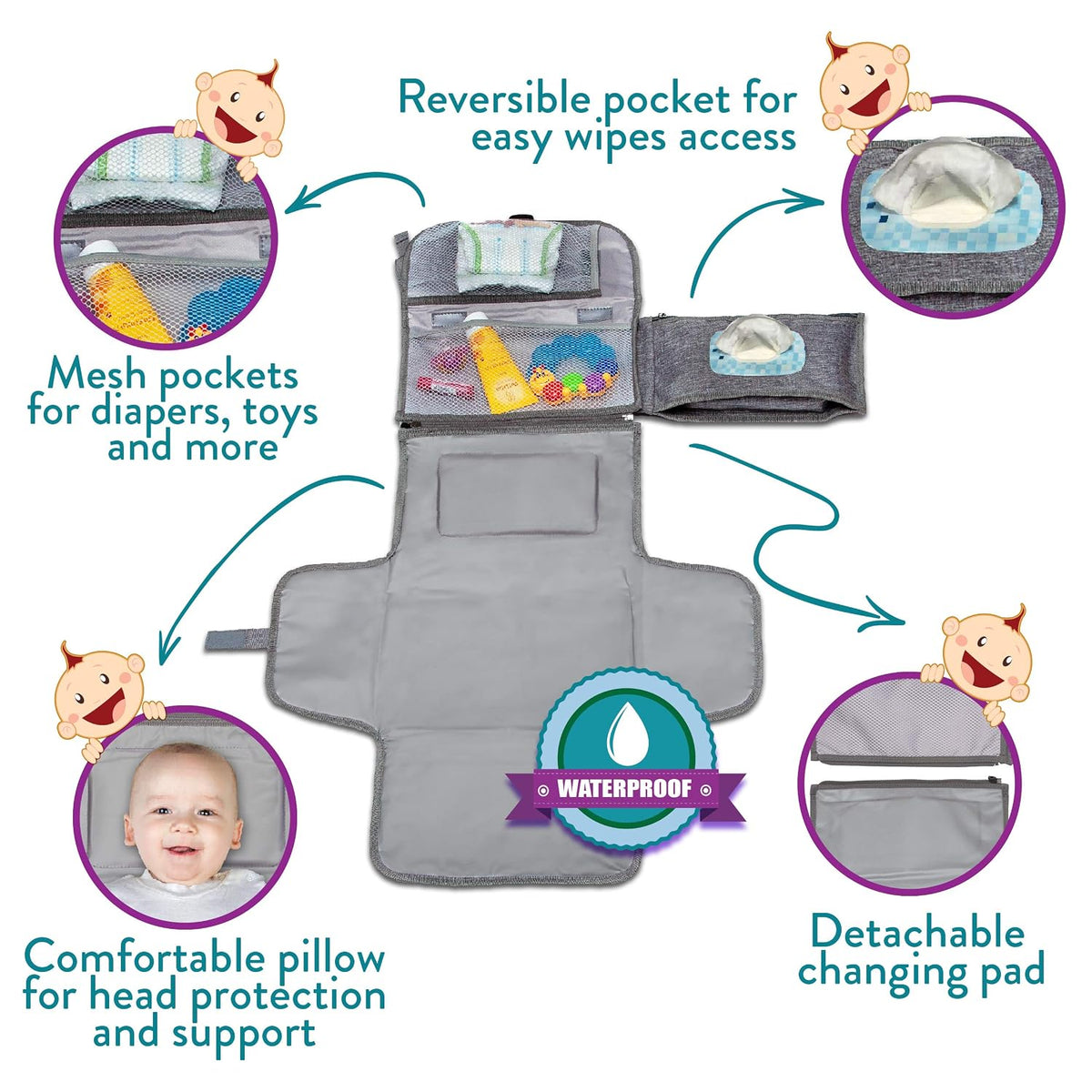 Portable Diaper Changing Pad, Wipes Pocket, Premium Grey Arrows
