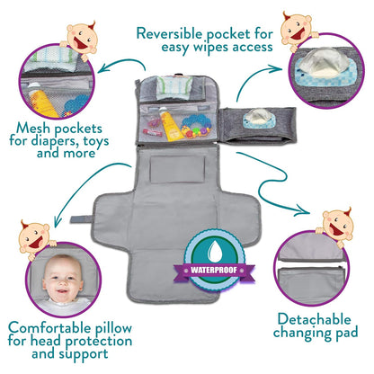 Portable Diaper Changing Pad, Wipes Pocket, Premium Grey Arrows
