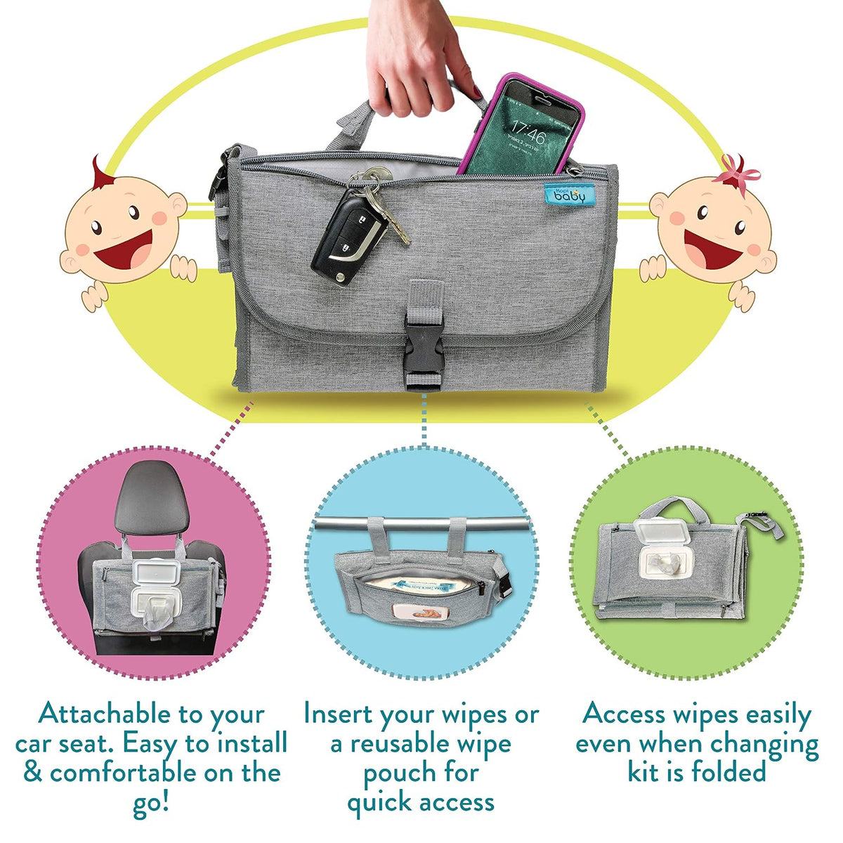Portable Diaper Changing Pad, Wipes Pocket, Premium Grey Arrows