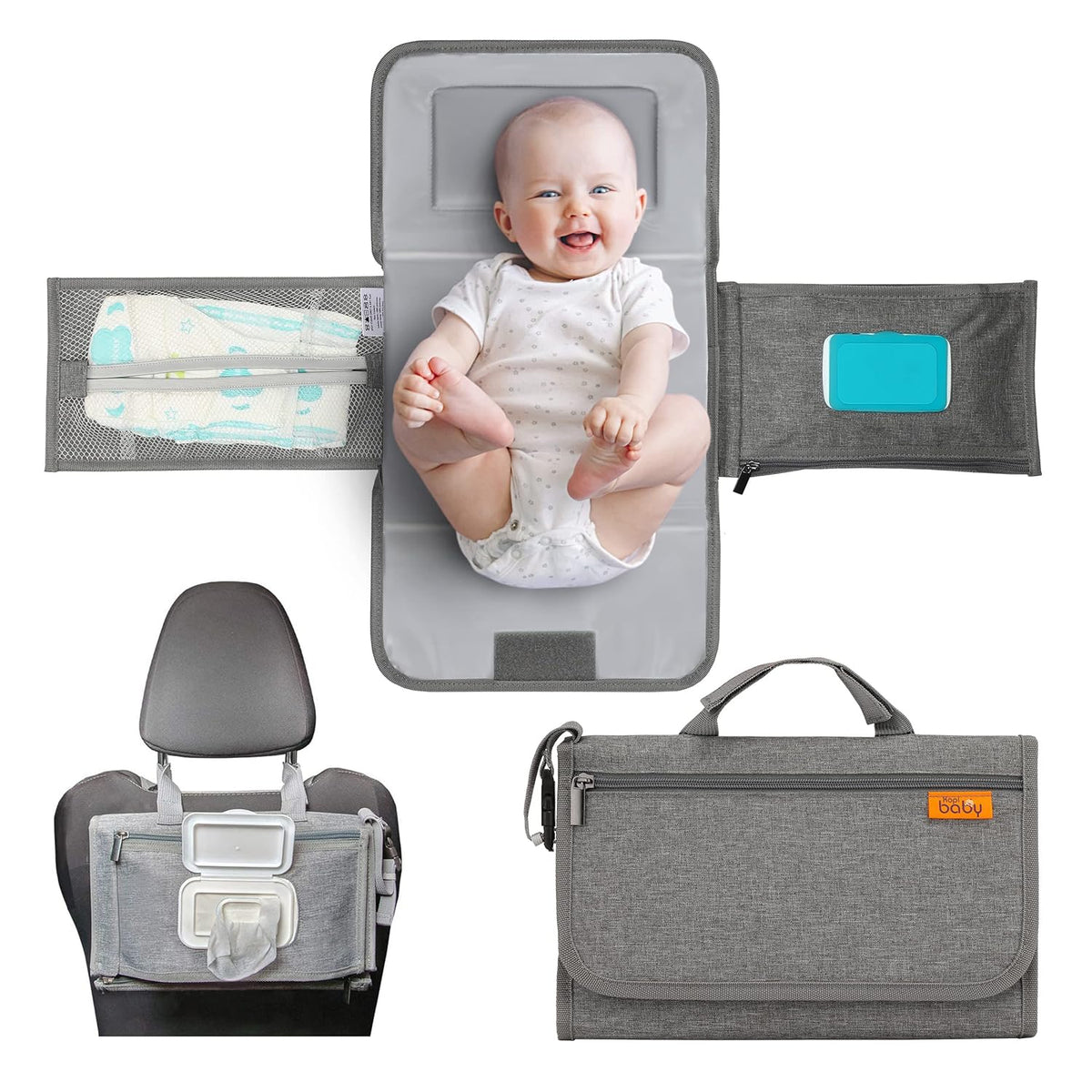 Portable Diaper Changing Pad, Wipes Pocket, Premium Grey Arrows