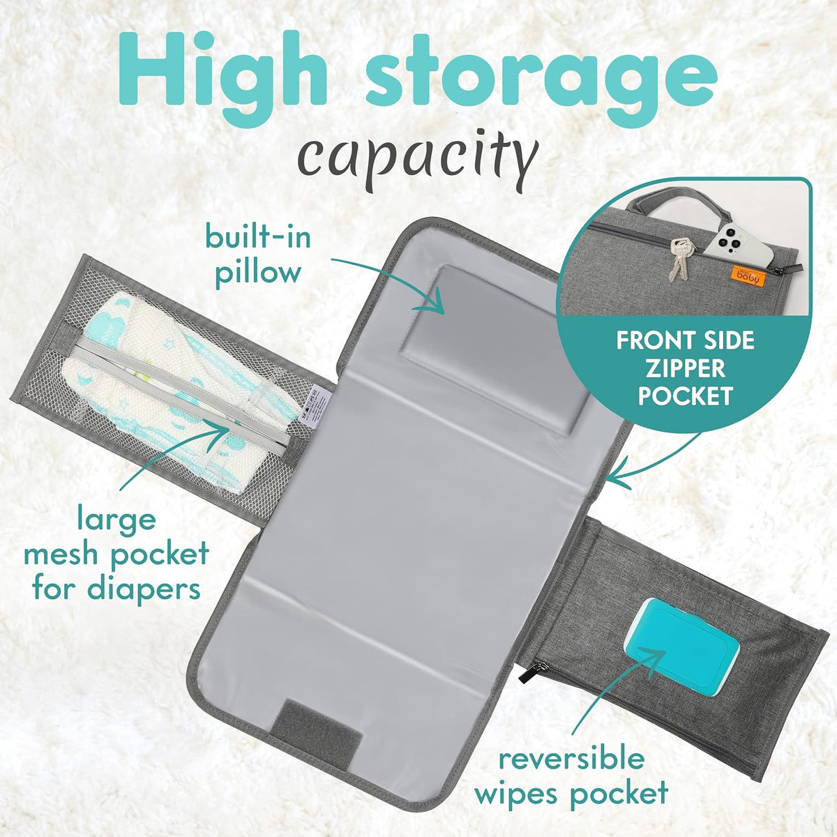 Portable Diaper Changing Pad, Wipes Pocket, Premium Grey Arrows