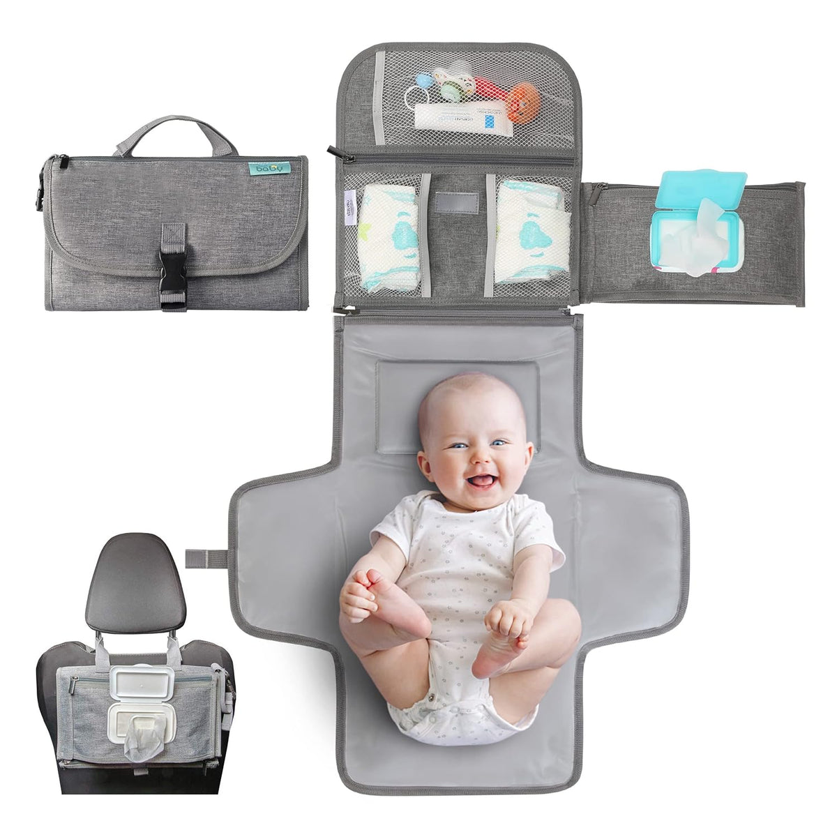 Portable Diaper Changing Pad, Wipes Pocket, Premium Grey Arrows
