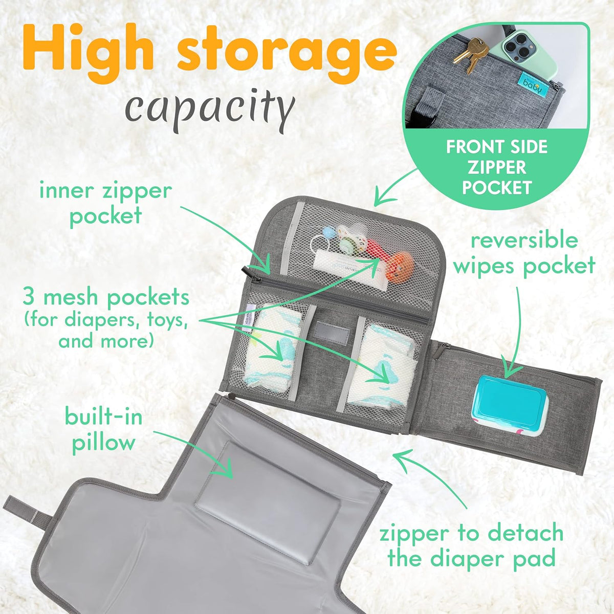 Portable Diaper Changing Pad, Wipes Pocket, Premium Grey Arrows