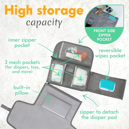 Portable Diaper Changing Pad, Wipes Pocket, Premium Grey Arrows