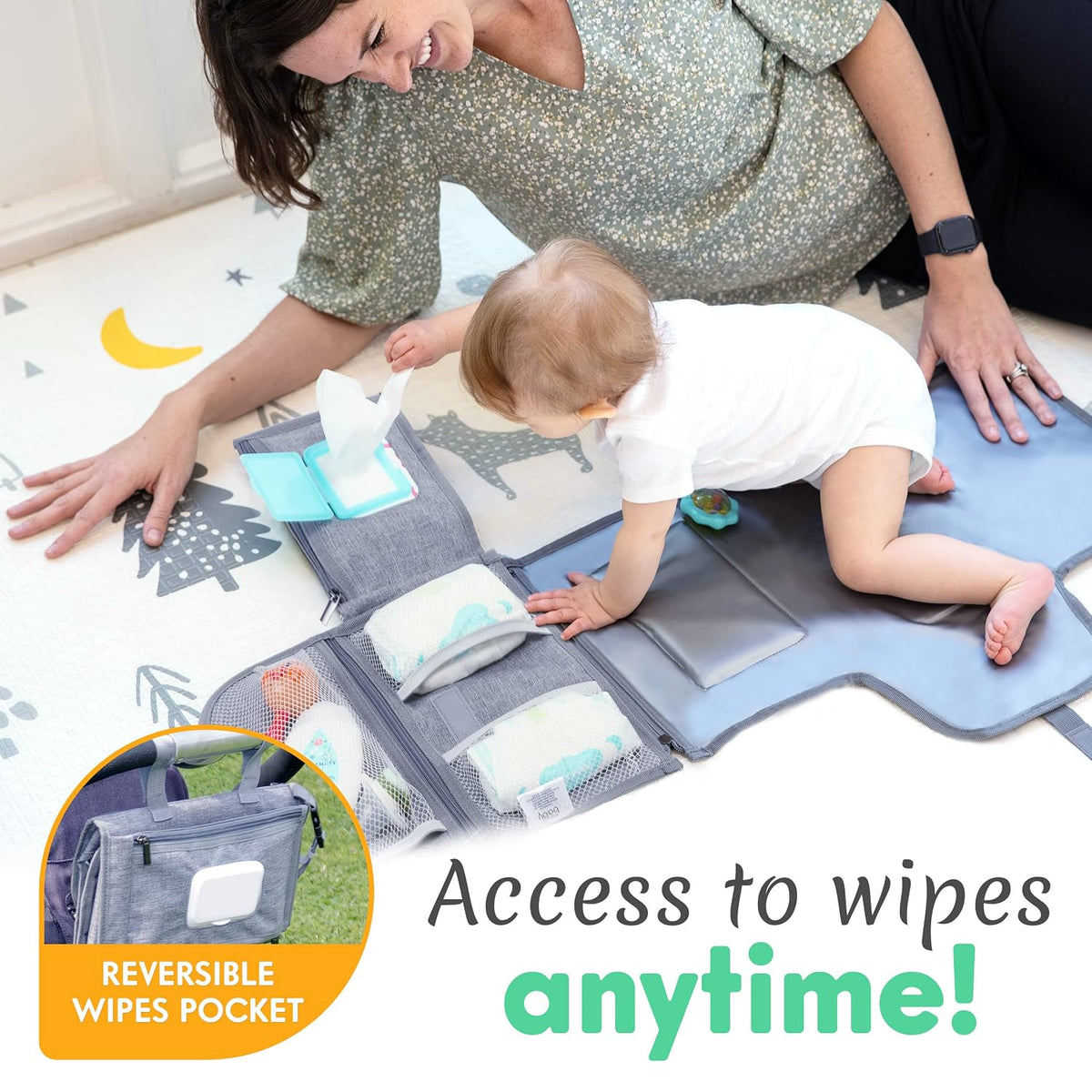 Portable Diaper Changing Pad, Wipes Pocket, Premium Grey Arrows