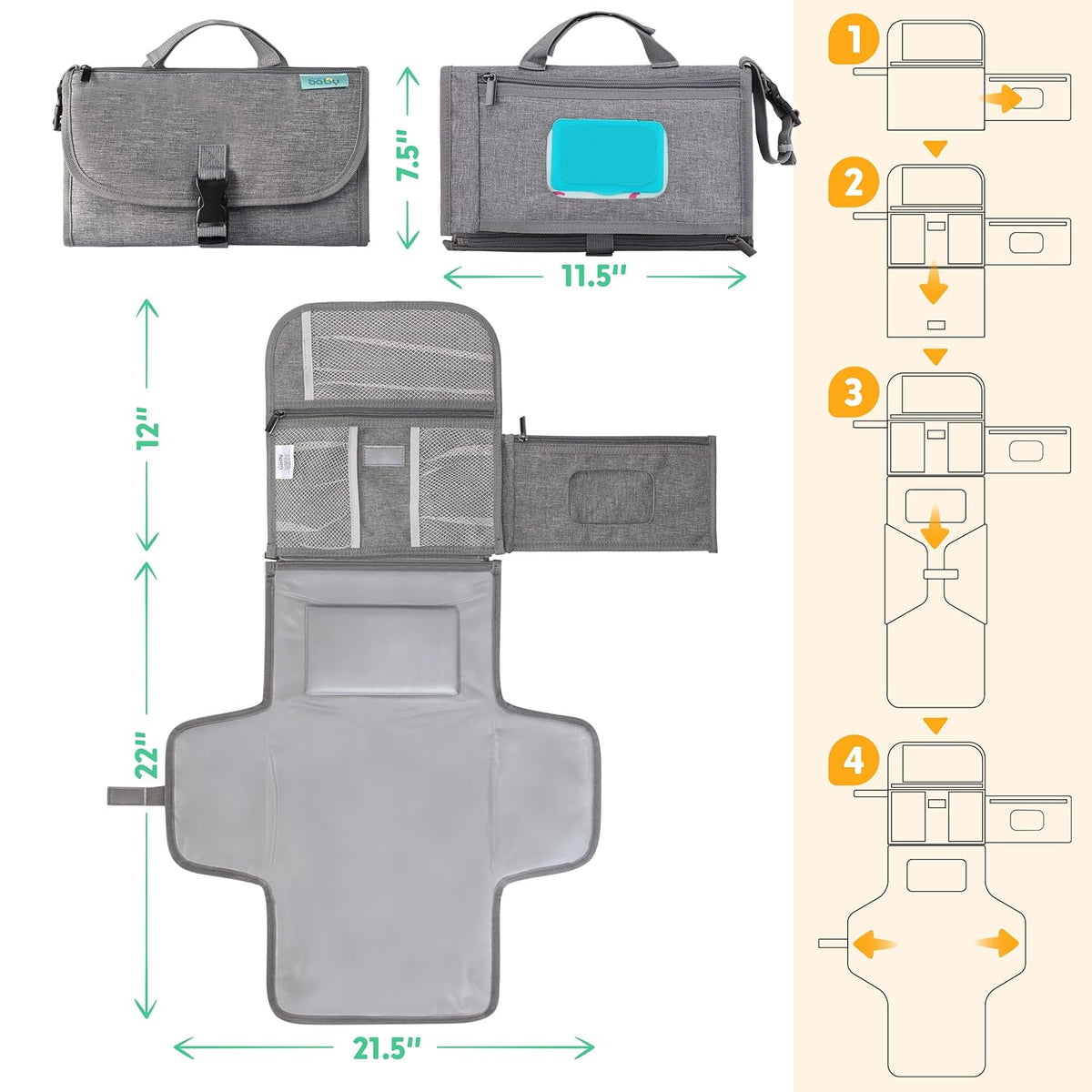 Portable Diaper Changing Pad, Wipes Pocket, Premium Grey Arrows