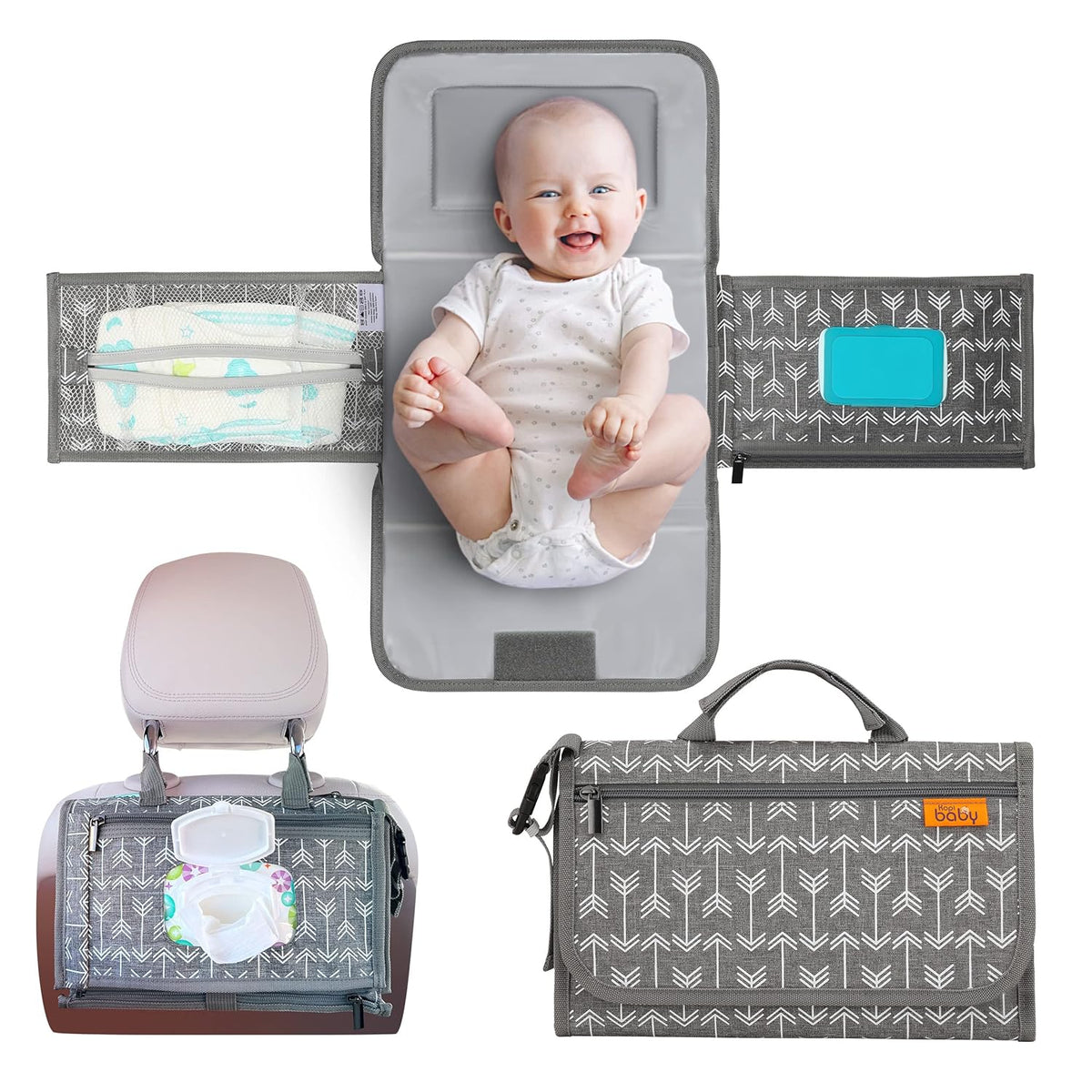 Portable Diaper Changing Pad, Wipes Pocket, Premium Grey Arrows