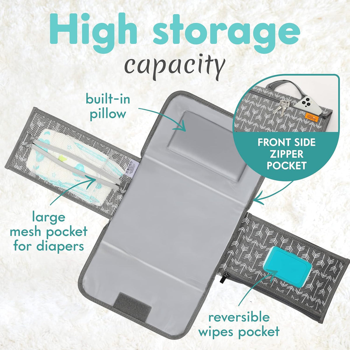 Portable Diaper Changing Pad, Wipes Pocket, Premium Grey Arrows