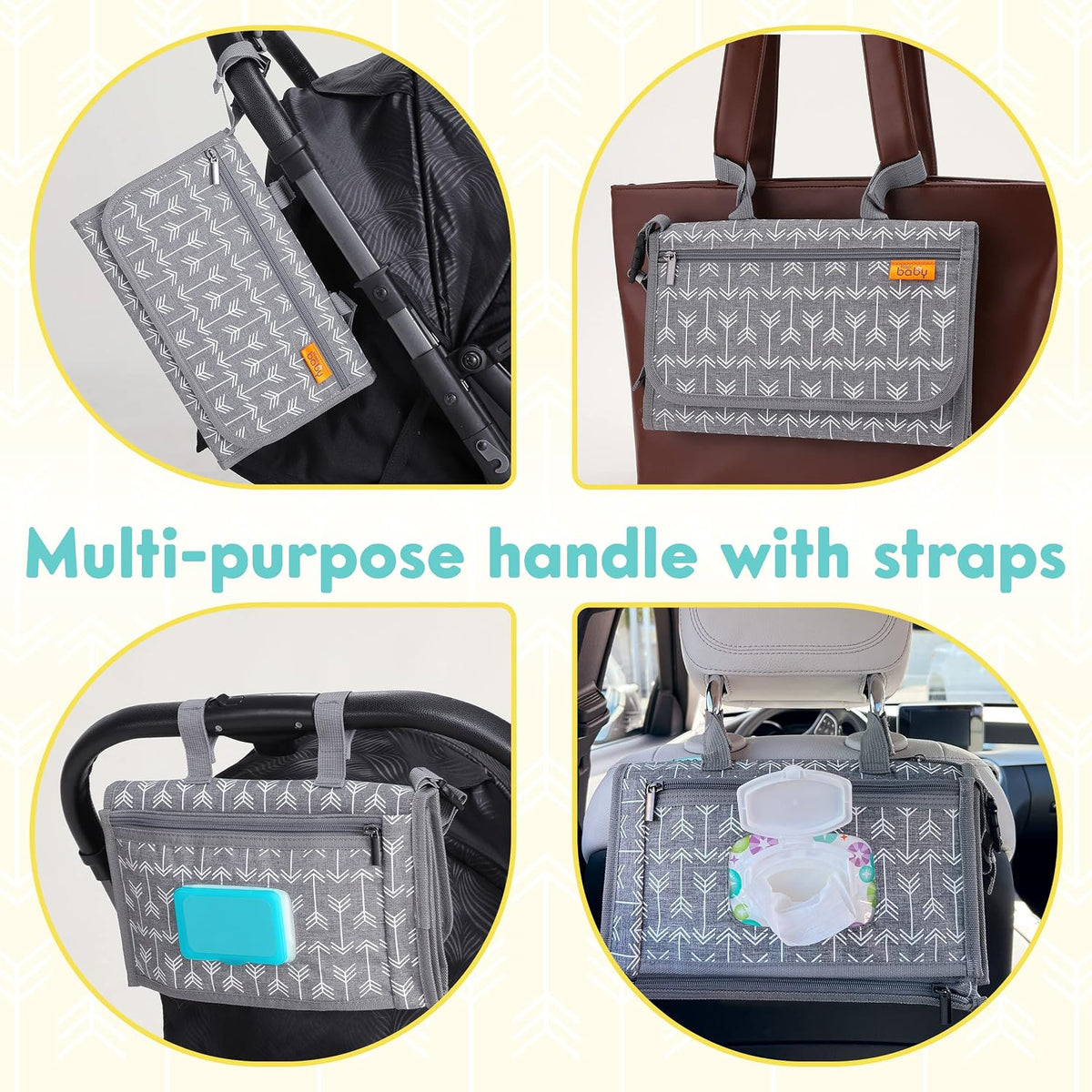 Portable Diaper Changing Pad, Wipes Pocket, Premium Grey Arrows