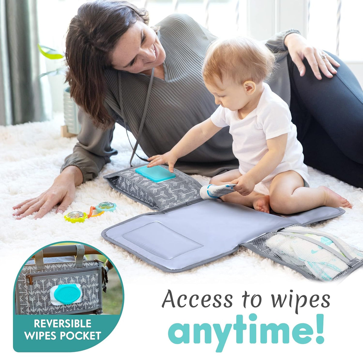 Portable Diaper Changing Pad, Wipes Pocket, Premium Grey Arrows