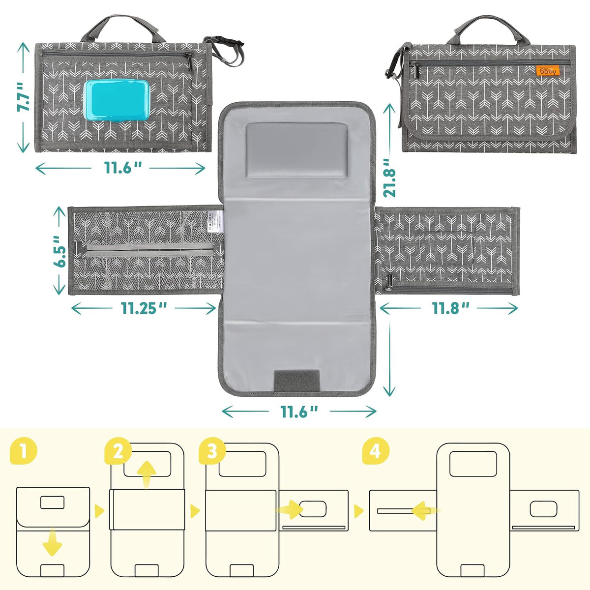 Portable Diaper Changing Pad, Wipes Pocket, Premium Grey Arrows