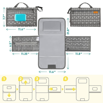 Portable Diaper Changing Pad, Wipes Pocket, Premium Grey Arrows
