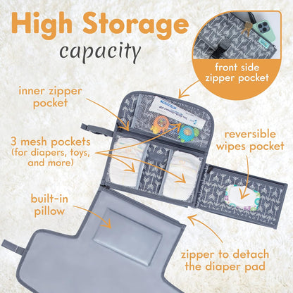 Portable Diaper Changing Pad, Wipes Pocket, Premium Grey Arrows