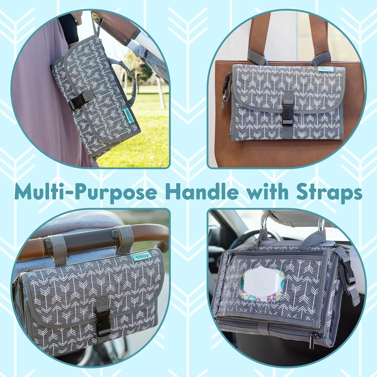 Portable Diaper Changing Pad, Wipes Pocket, Premium Grey Arrows