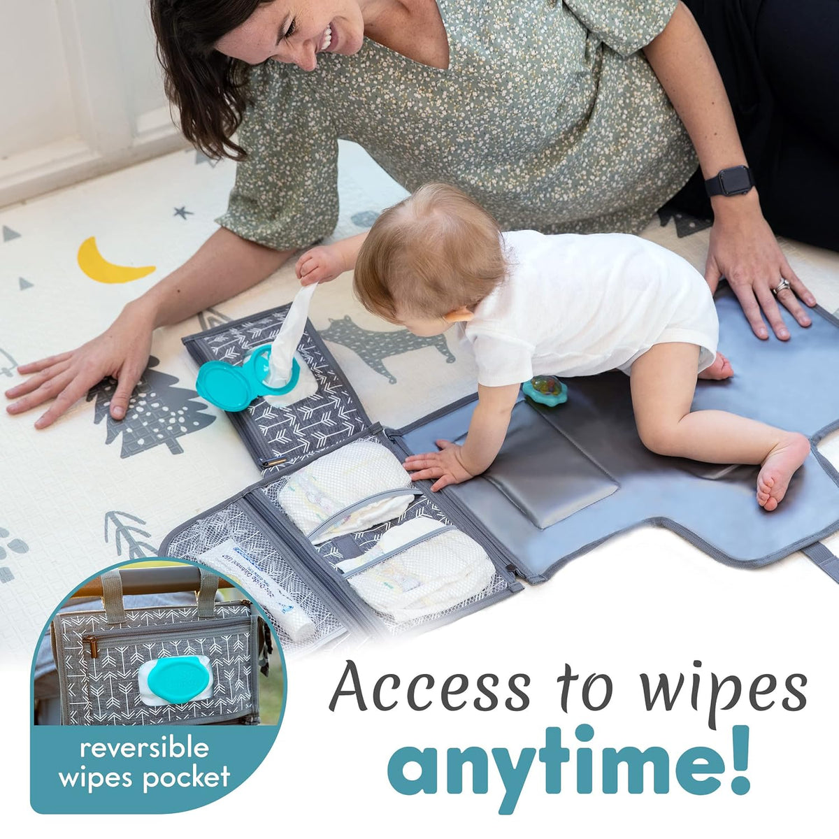 Portable Diaper Changing Pad, Wipes Pocket, Premium Grey Arrows
