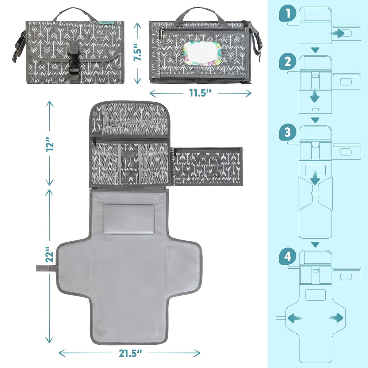 Portable Diaper Changing Pad, Wipes Pocket, Premium Grey Arrows