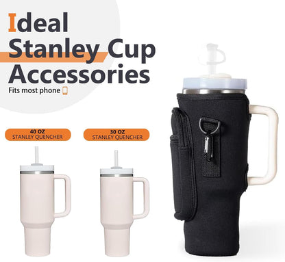 Water Bottle Carrier Bag with Phone Pocket for Stanley, Neoprene Water Bottle Holder Pouch with Adjustable Strap Bollus with Straw Cover & Carabiner for Stanley Cup Accessories