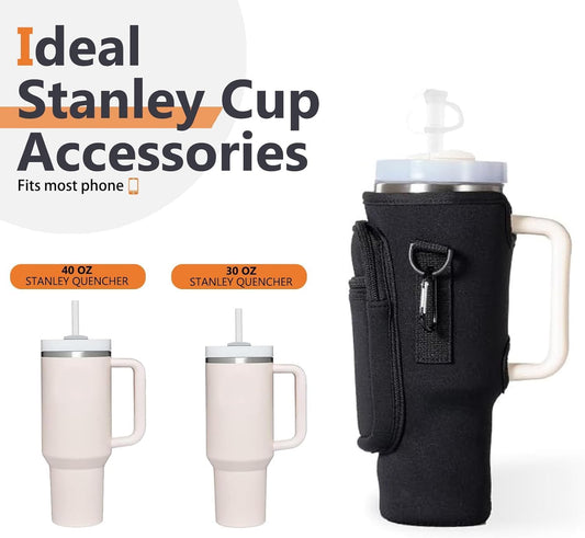 Water Bottle Carrier Bag with Phone Pocket for Stanley, Neoprene Water Bottle Holder Pouch with Adjustable Strap Bollus with Straw Cover & Carabiner for Stanley Cup Accessories