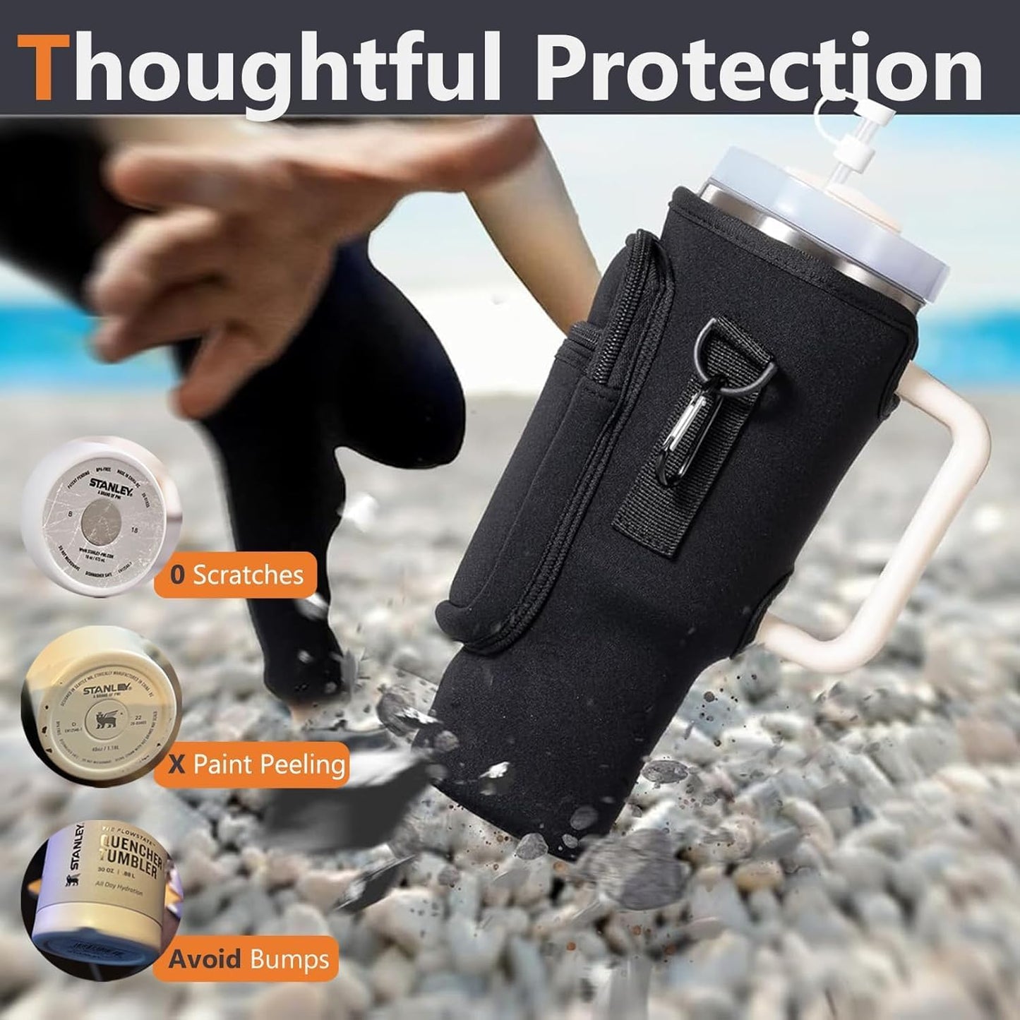 Water Bottle Carrier Bag with Phone Pocket for Stanley, Neoprene Water Bottle Holder Pouch with Adjustable Strap Bollus with Straw Cover & Carabiner for Stanley Cup Accessories