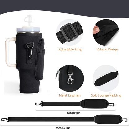 Water Bottle Carrier Bag with Phone Pocket for Stanley, Neoprene Water Bottle Holder Pouch with Adjustable Strap Bollus with Straw Cover & Carabiner for Stanley Cup Accessories