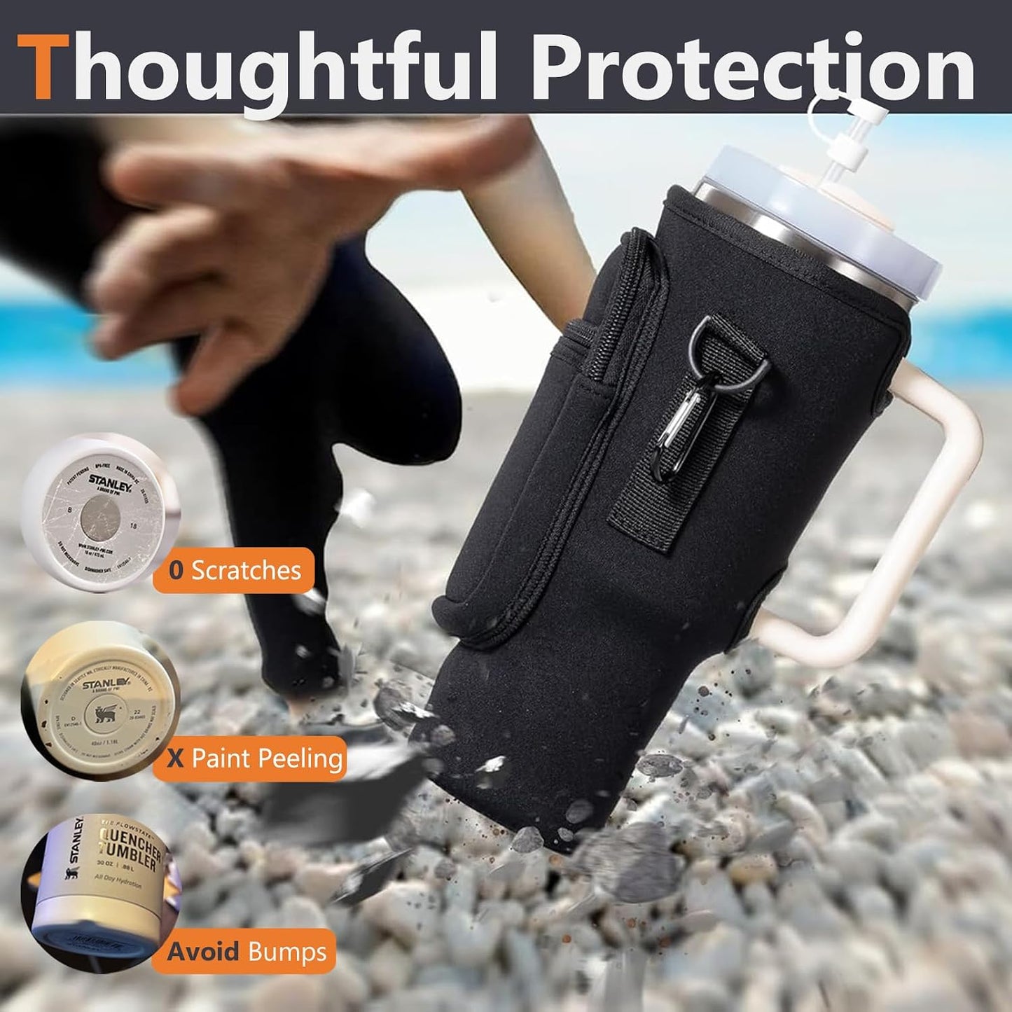 Water Bottle Carrier Bag with Phone Pocket for Stanley, Neoprene Water Bottle Holder Pouch with Adjustable Strap Bollus with Straw Cover & Carabiner for Stanley Cup Accessories