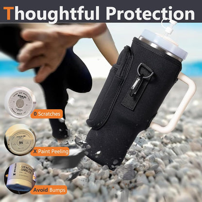Water Bottle Carrier Bag with Phone Pocket for Stanley, Neoprene Water Bottle Holder Pouch with Adjustable Strap Bollus with Straw Cover & Carabiner for Stanley Cup Accessories