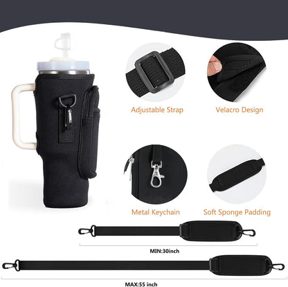 Water Bottle Carrier Bag with Phone Pocket for Stanley, Neoprene Water Bottle Holder Pouch with Adjustable Strap Bollus with Straw Cover & Carabiner for Stanley Cup Accessories