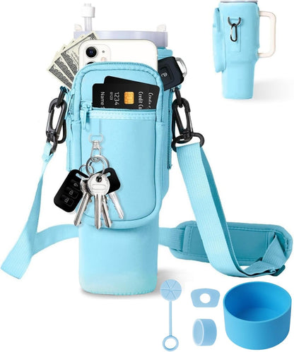 Water Bottle Carrier Bag with Phone Pocket for Stanley, Neoprene Water Bottle Holder Pouch with Adjustable Strap Bollus with Straw Cover & Carabiner for Stanley Cup Accessories