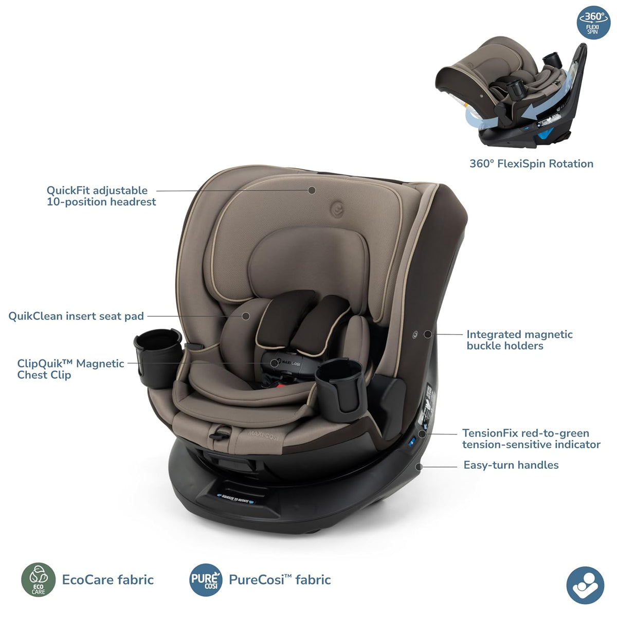 Andi 360 Rotating All-in-One Baby Convertible Car Seat, Rear-Facing, Forward Facing Car Seat, Infant Toddler Booster, Easy Rotation, Tension System, Harness Adjust, Truffle
