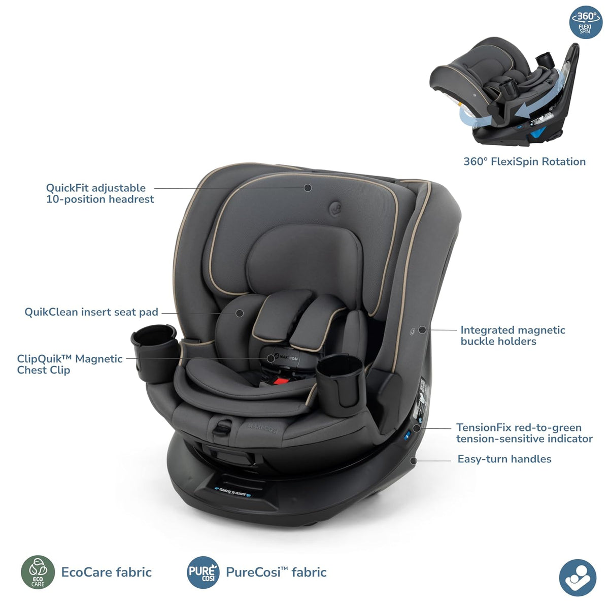 Andi 360 Rotating All-in-One Baby Convertible Car Seat, Rear-Facing, Forward Facing Car Seat, Infant Toddler Booster, Easy Rotation, Tension System, Harness Adjust, Truffle