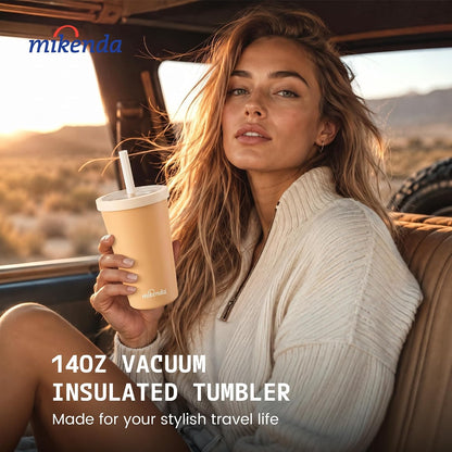 14oz Insulated Coffee Tumbler with Straw Lid, Stainless Steel Vacuum Travel Mug with Soft Silicone Mouthpiece, Anti-Slip Base, BPA Free Reusable Car Cup for Iced Coffee, Tea, Office