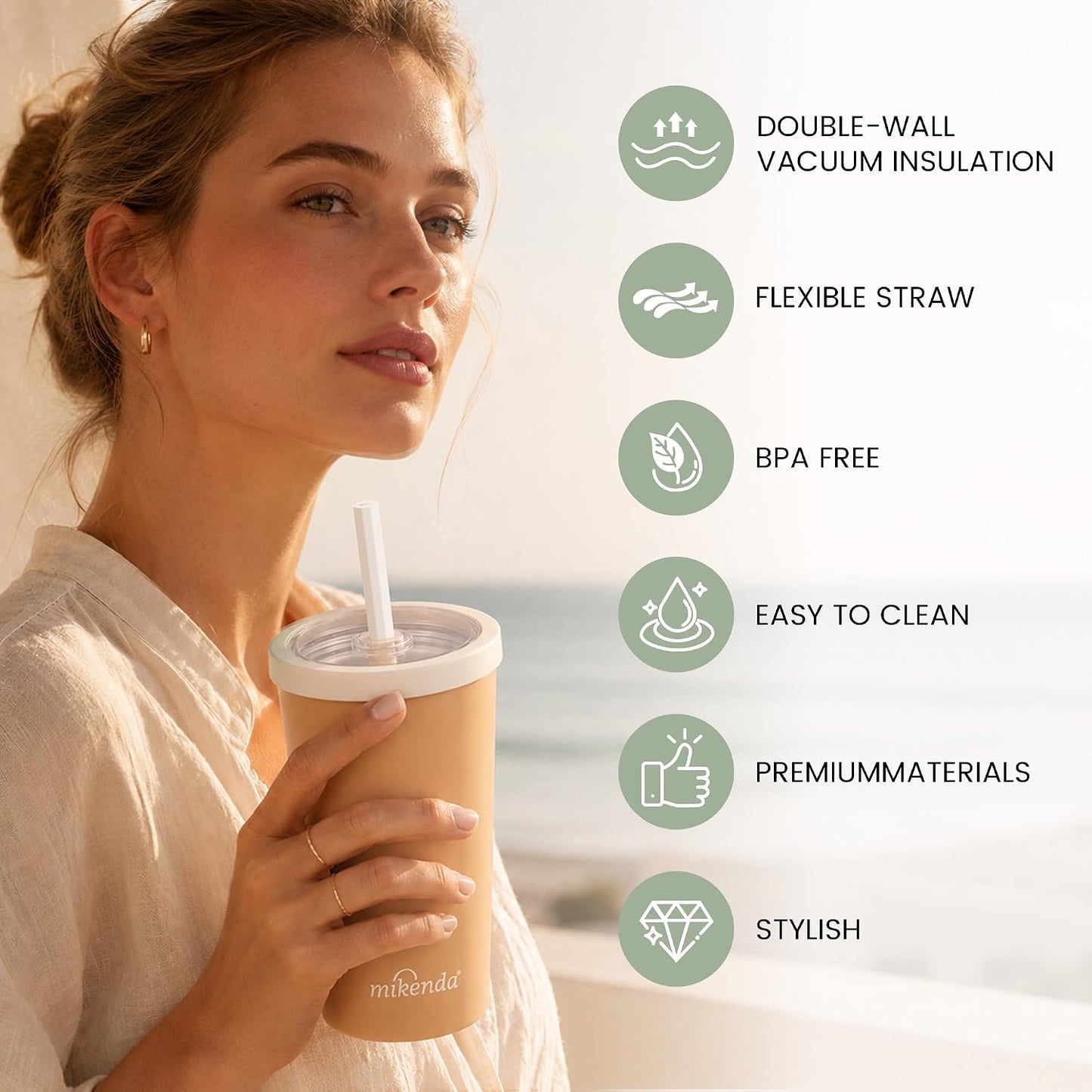 14oz Insulated Coffee Tumbler with Straw Lid, Stainless Steel Vacuum Travel Mug with Soft Silicone Mouthpiece, Anti-Slip Base, BPA Free Reusable Car Cup for Iced Coffee, Tea, Office