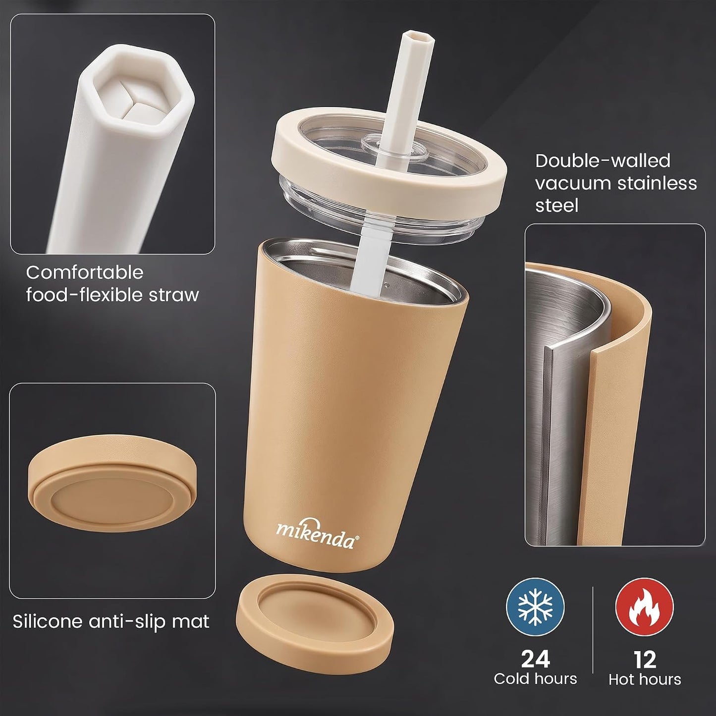 14oz Insulated Coffee Tumbler with Straw Lid, Stainless Steel Vacuum Travel Mug with Soft Silicone Mouthpiece, Anti-Slip Base, BPA Free Reusable Car Cup for Iced Coffee, Tea, Office