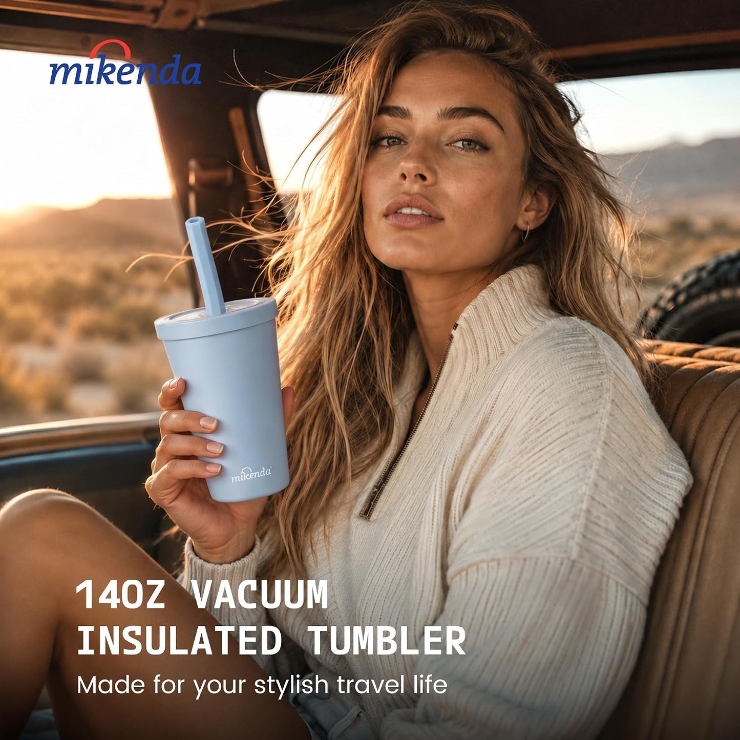 14oz Insulated Coffee Tumbler with Straw Lid, Stainless Steel Vacuum Travel Mug with Soft Silicone Mouthpiece, Anti-Slip Base, BPA Free Reusable Car Cup for Iced Coffee, Tea, Office