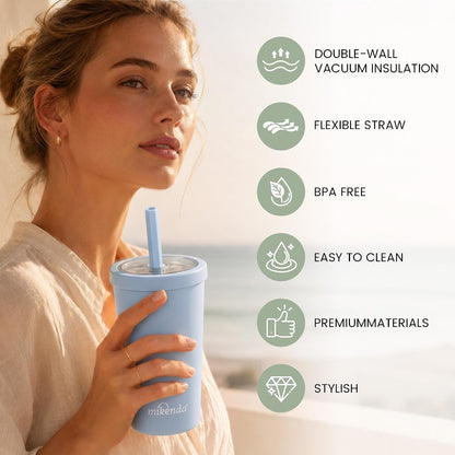 14oz Insulated Coffee Tumbler with Straw Lid, Stainless Steel Vacuum Travel Mug with Soft Silicone Mouthpiece, Anti-Slip Base, BPA Free Reusable Car Cup for Iced Coffee, Tea, Office