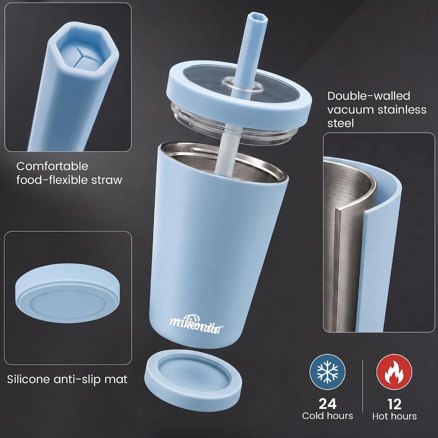 14oz Insulated Coffee Tumbler with Straw Lid, Stainless Steel Vacuum Travel Mug with Soft Silicone Mouthpiece, Anti-Slip Base, BPA Free Reusable Car Cup for Iced Coffee, Tea, Office