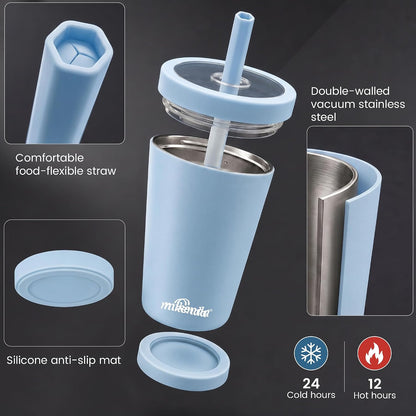 14oz Insulated Coffee Tumbler with Straw Lid, Stainless Steel Vacuum Travel Mug with Soft Silicone Mouthpiece, Anti-Slip Base, BPA Free Reusable Car Cup for Iced Coffee, Tea, Office