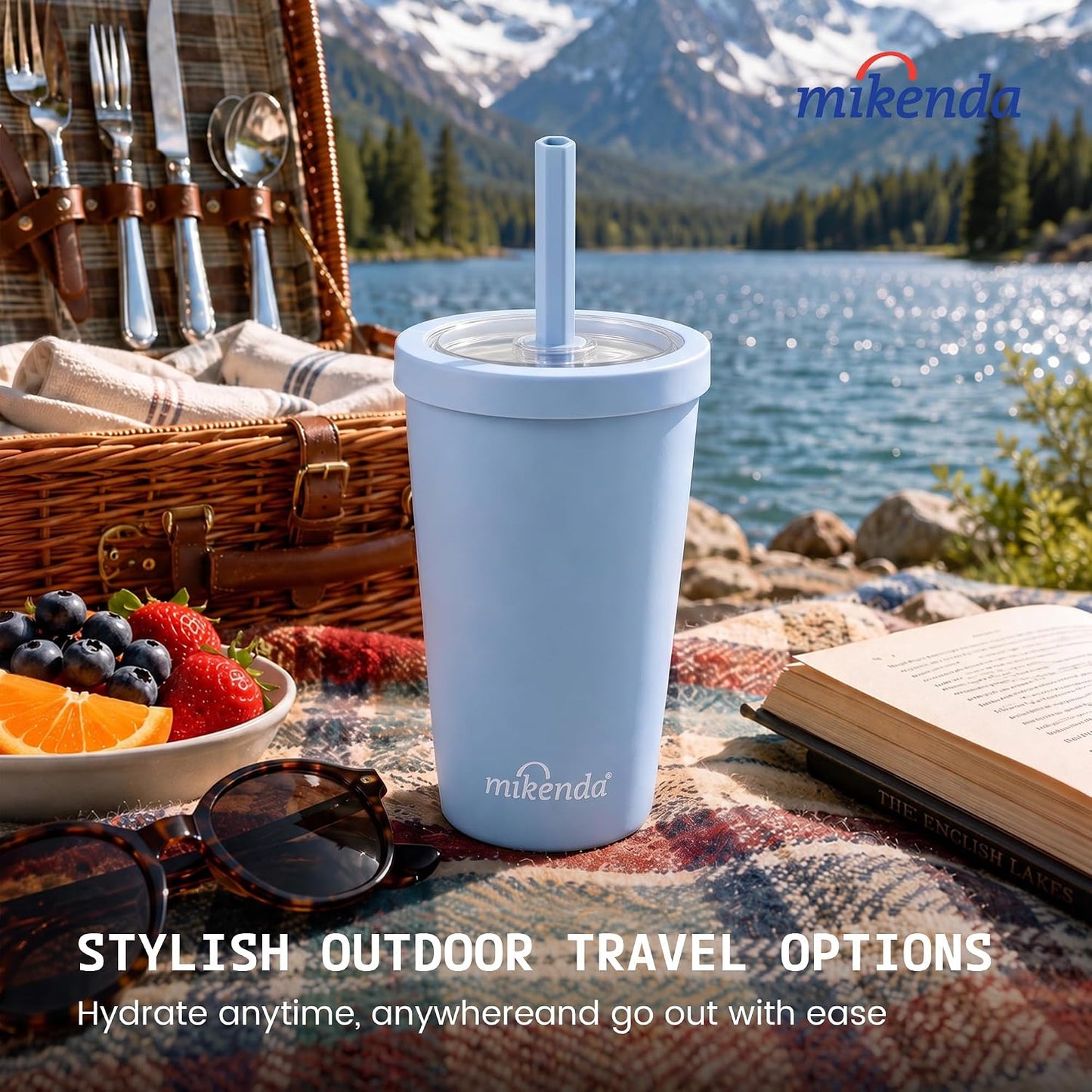 14oz Insulated Coffee Tumbler with Straw Lid, Stainless Steel Vacuum Travel Mug with Soft Silicone Mouthpiece, Anti-Slip Base, BPA Free Reusable Car Cup for Iced Coffee, Tea, Office