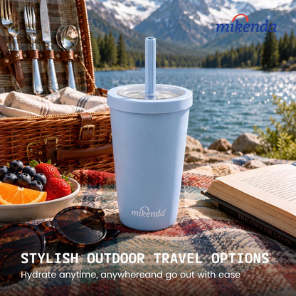 14oz Insulated Coffee Tumbler with Straw Lid, Stainless Steel Vacuum Travel Mug with Soft Silicone Mouthpiece, Anti-Slip Base, BPA Free Reusable Car Cup for Iced Coffee, Tea, Office