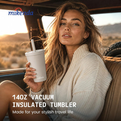 14oz Insulated Coffee Tumbler with Straw Lid, Stainless Steel Vacuum Travel Mug with Soft Silicone Mouthpiece, Anti-Slip Base, BPA Free Reusable Car Cup for Iced Coffee, Tea, Office