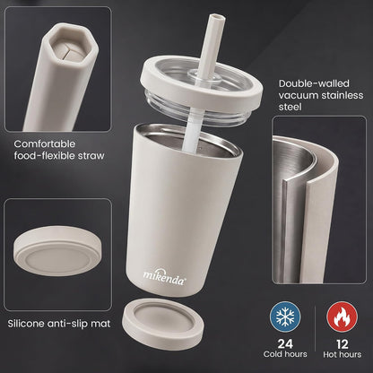 14oz Insulated Coffee Tumbler with Straw Lid, Stainless Steel Vacuum Travel Mug with Soft Silicone Mouthpiece, Anti-Slip Base, BPA Free Reusable Car Cup for Iced Coffee, Tea, Office