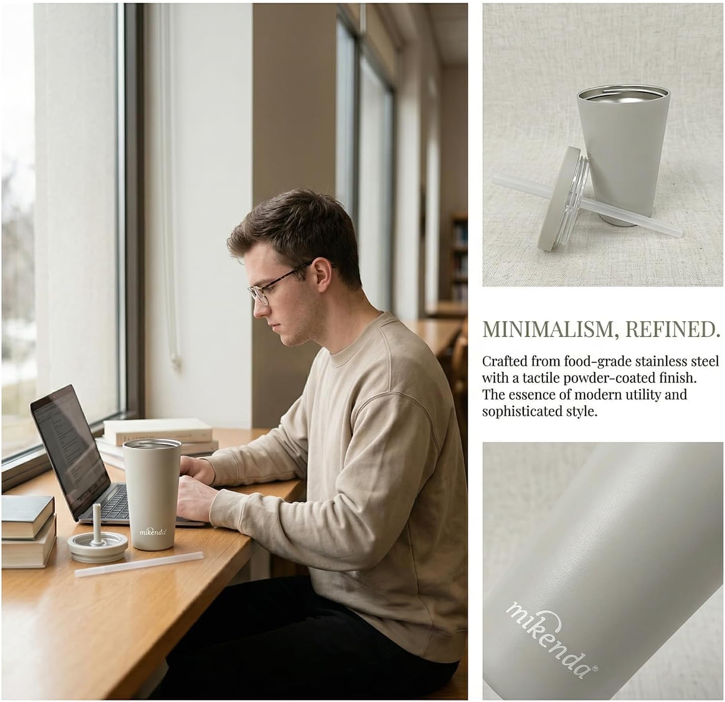 14oz Insulated Coffee Tumbler with Straw Lid, Stainless Steel Vacuum Travel Mug with Soft Silicone Mouthpiece, Anti-Slip Base, BPA Free Reusable Car Cup for Iced Coffee, Tea, Office