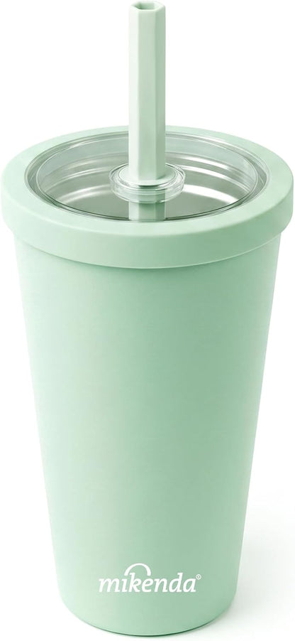 14oz Insulated Coffee Tumbler with Straw Lid, Stainless Steel Vacuum Travel Mug with Soft Silicone Mouthpiece, Anti-Slip Base, BPA Free Reusable Car Cup for Iced Coffee, Tea, Office