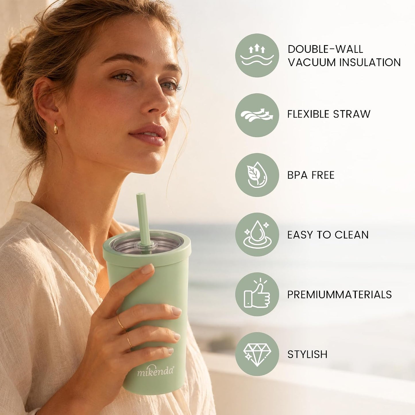 14oz Insulated Coffee Tumbler with Straw Lid, Stainless Steel Vacuum Travel Mug with Soft Silicone Mouthpiece, Anti-Slip Base, BPA Free Reusable Car Cup for Iced Coffee, Tea, Office